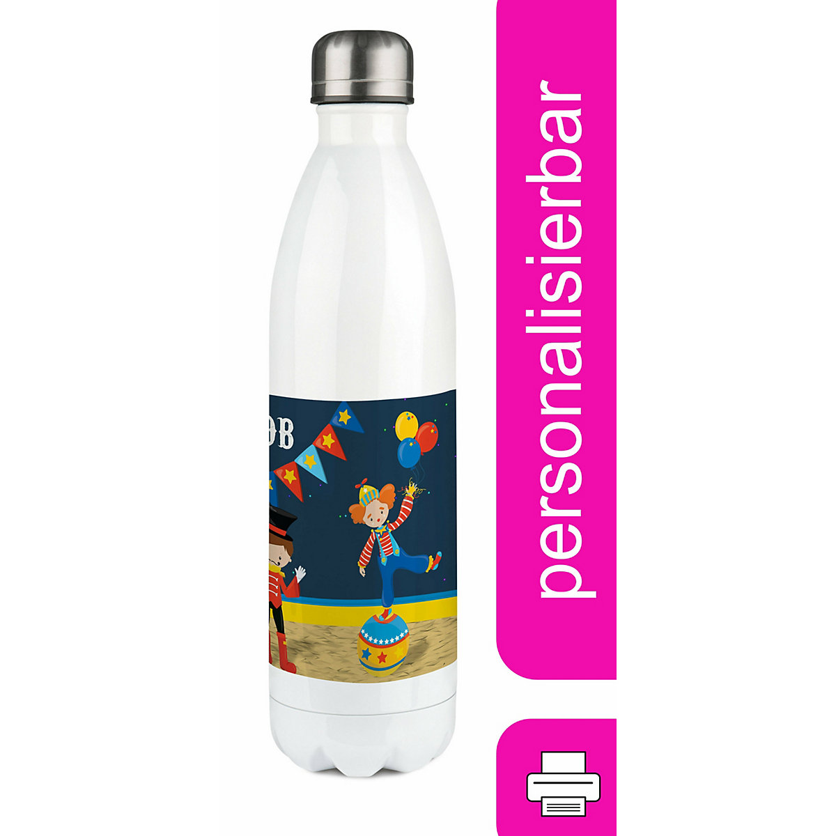 Edelstahl Kinder Thermoflasche / Trinkflasche bunt Circus Spülmaschinenfest, Auslaufsicher, Bruchfest, Doppelwandig, Für Heißgetränke geeignet, Mit Deckel, Isoliert