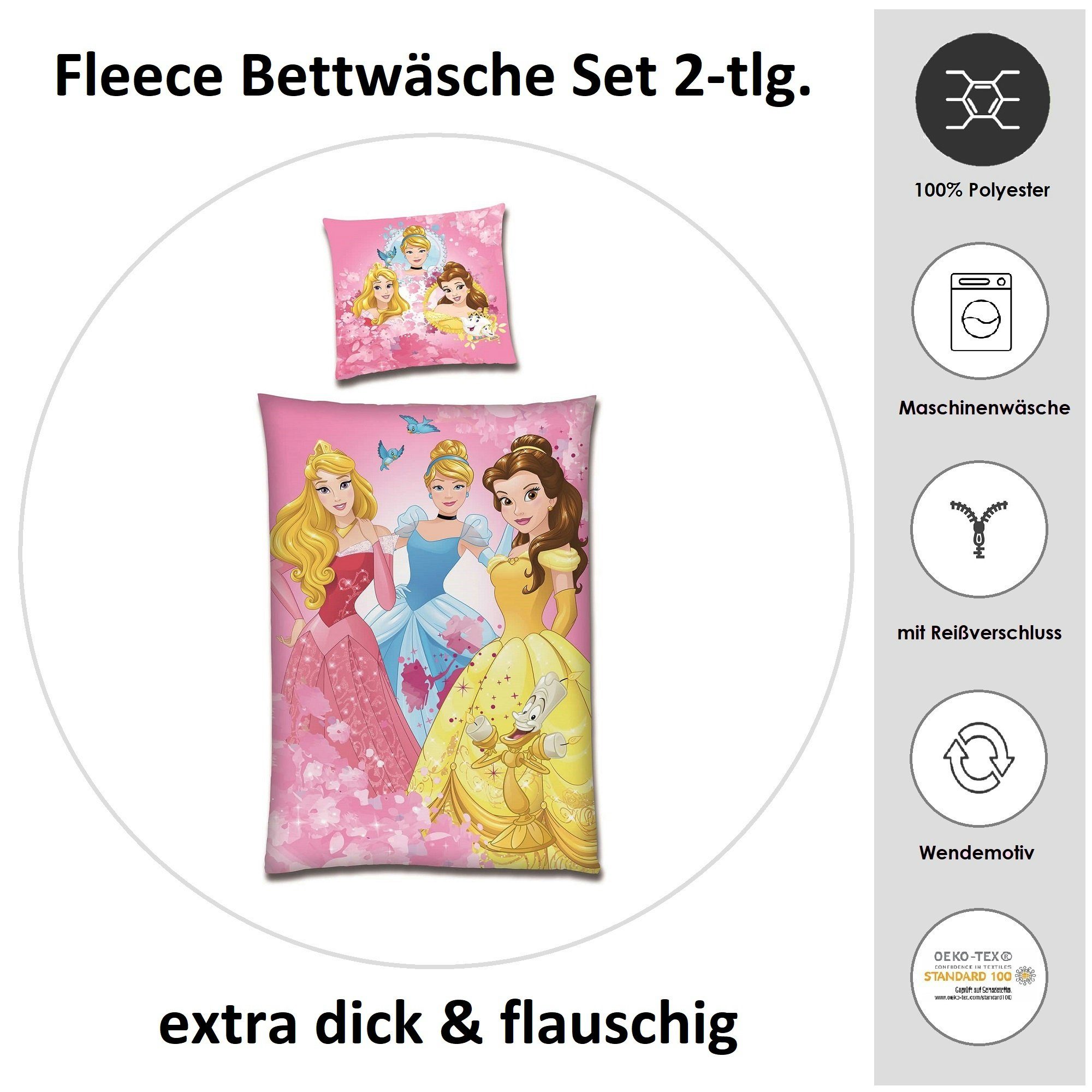 Kinderbettwäsche  Prinzessinnen 135x200 80x80 cm, extra flauschig, Familando, Microfaser-Fleece, 2 teilig, mit Dornröschen, Cinderella und Belle