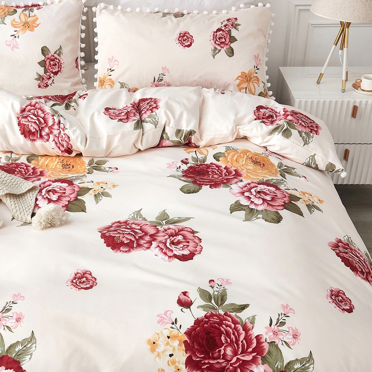Bettwäsche, HOMEIDEAS, Polyester, 2 teilig, Blume-Bettbezug-Set, Kissenbezug 50×75cm