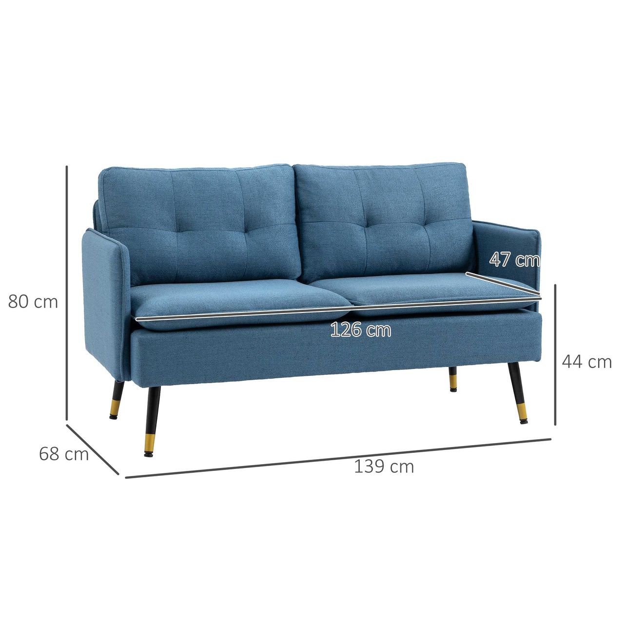 HOMCOM 2 Sitzer Sofa, Couch mit Dickem Kissen, Leinenoptik und Stahlbeine Blau