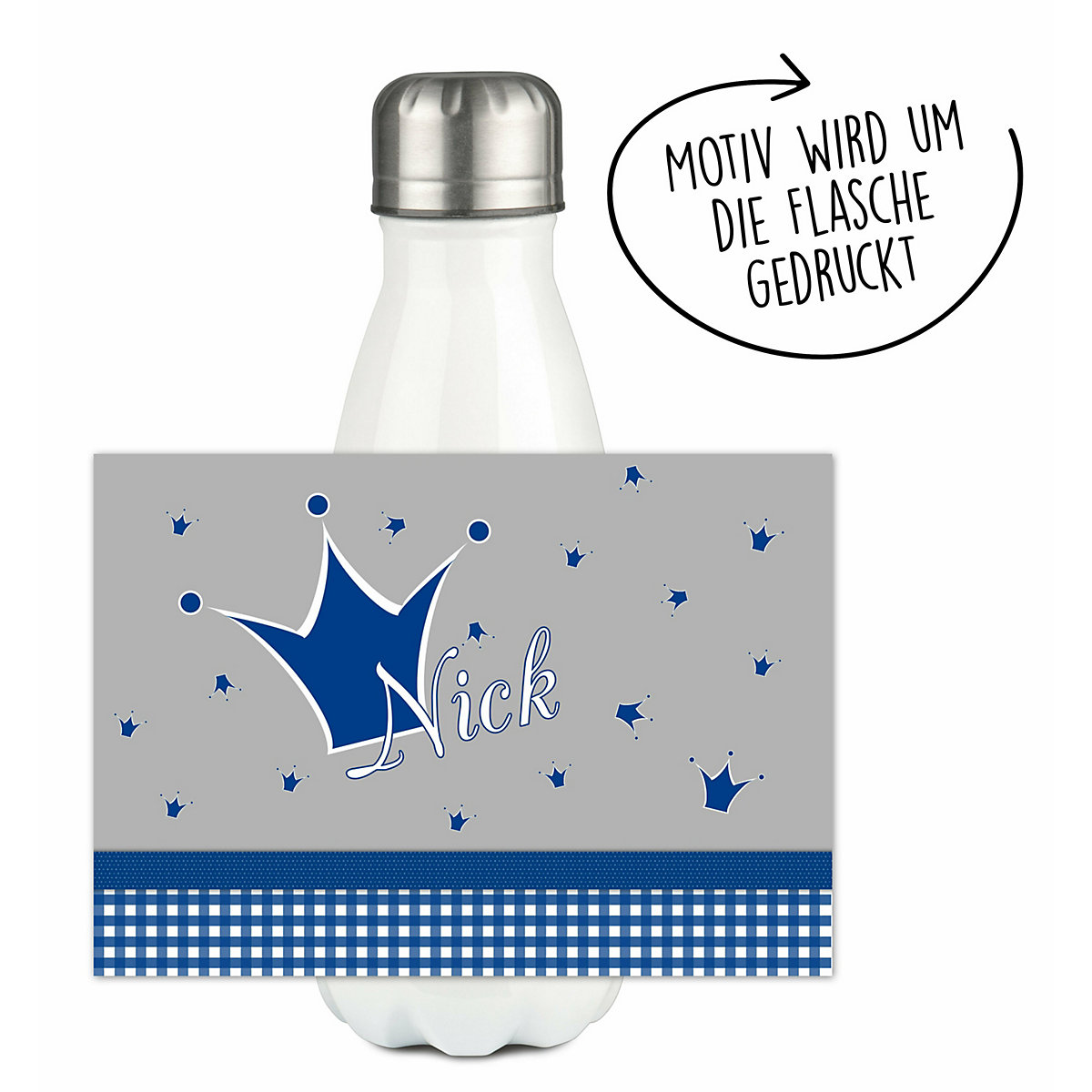 Edelstahl Kinder Thermoflasche / Trinkflasche bunt Krone Farbe blau grau Spülmaschinenfest, Auslaufsicher, Bruchfest, Doppelwandig, Für Heißgetränke geeignet, Mit Deckel, Isoliert