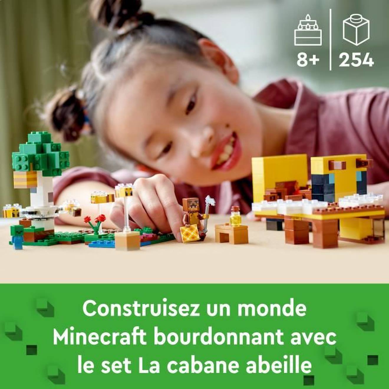 LEGO Minecraft 21241 La Cabane Abeille, Jouet, Ferme avec Maison, Zombie et Figurines Animaux blanc