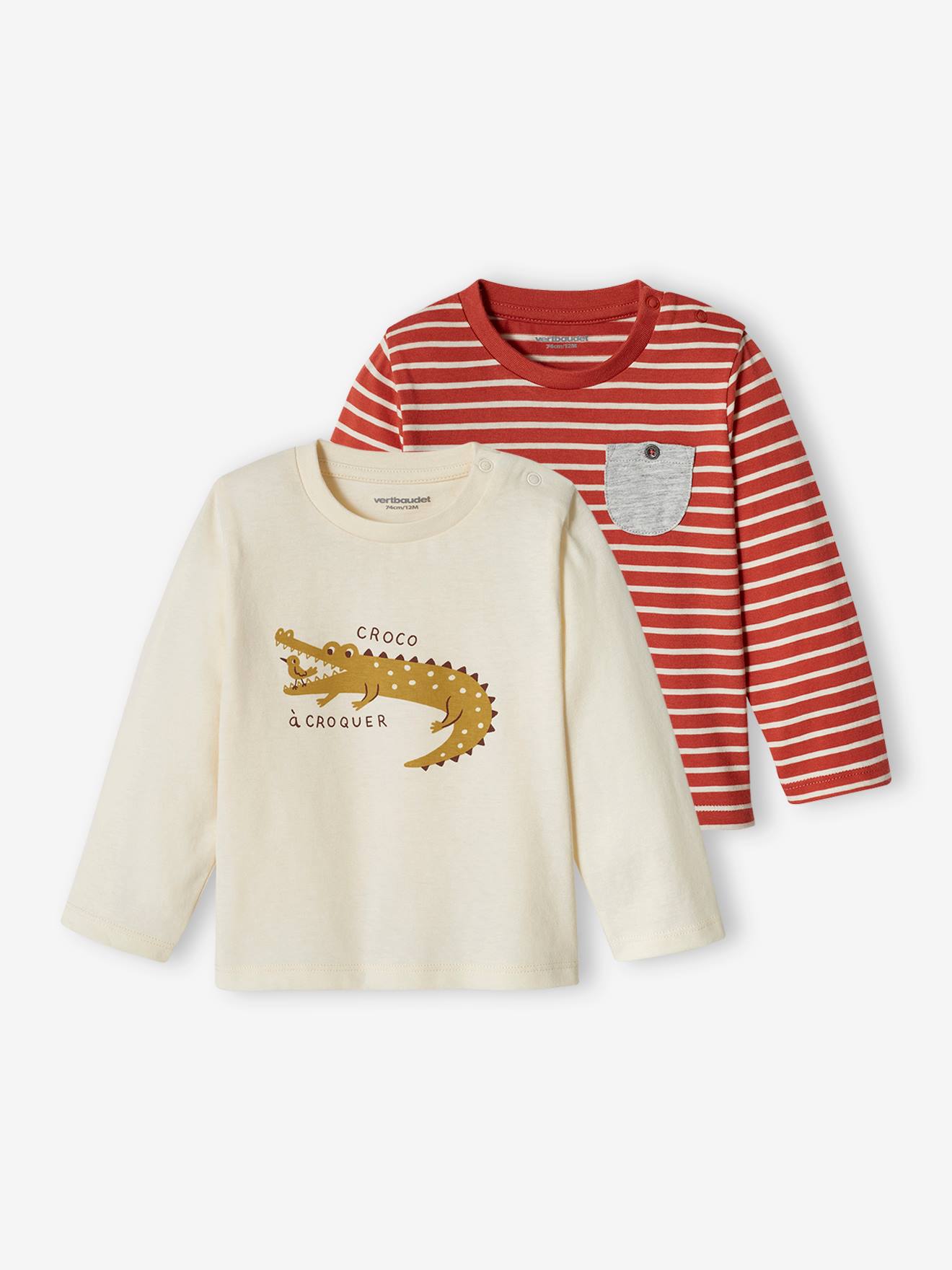 Lot de 2 T-shirts basics bébé motif animal et rayé bleu grisé