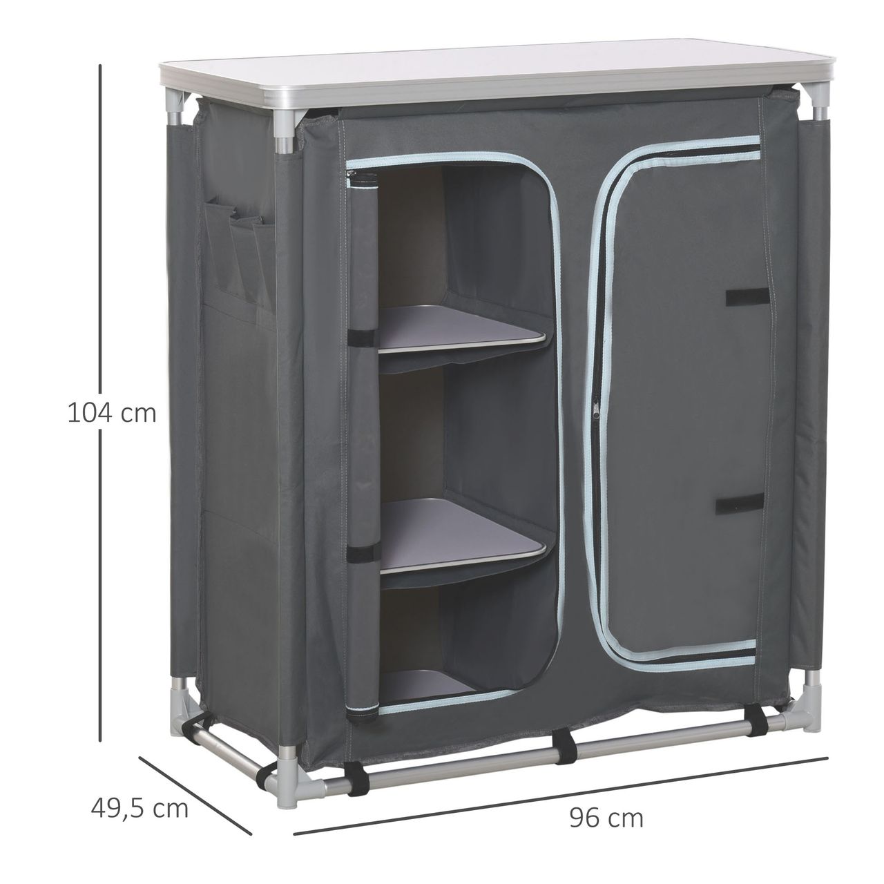 Outsunny Campingschrank Küchenbox tragbar mit Arbeitsplatte Tragetasche 3 Ablagen 1 Schrank Grau 96 x 49,5 x 104 cm