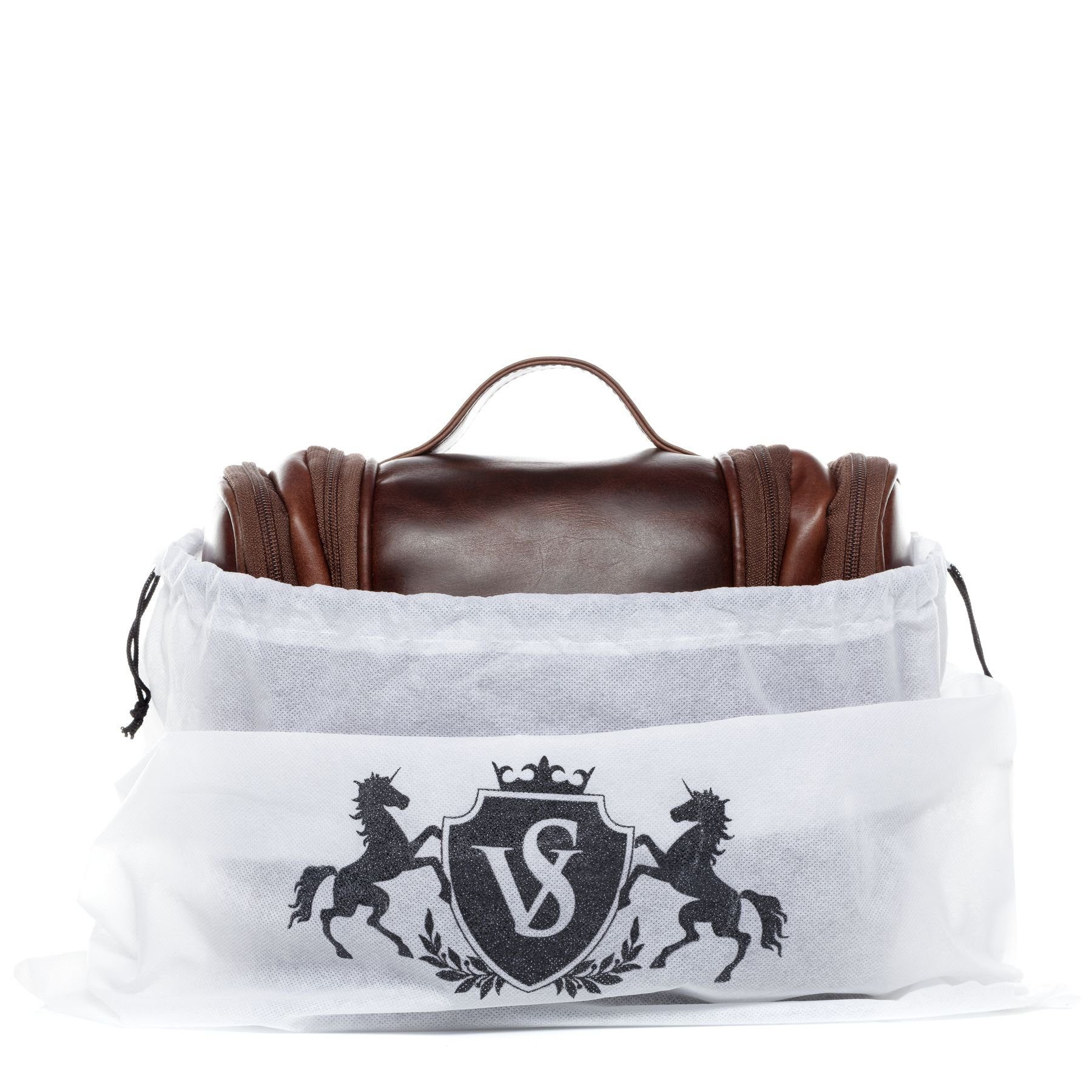 SID & VAIN Kulturbeutel Leder Kulturtasche Unisex DEXTER, Waschbeutel Echtleder für Damen & Herren, Kosmetiktasche braun-cognac