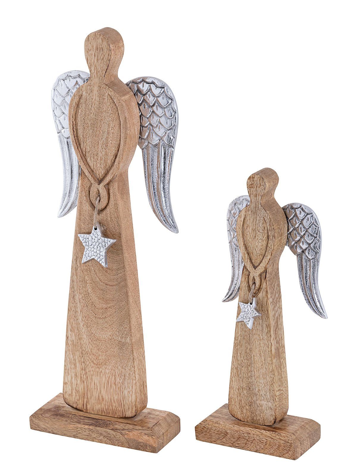 Casamia Dekofigur Dekofigur Engel 2er Set 12/16x32/47cm Weihnachten Mangoholz Aluminium