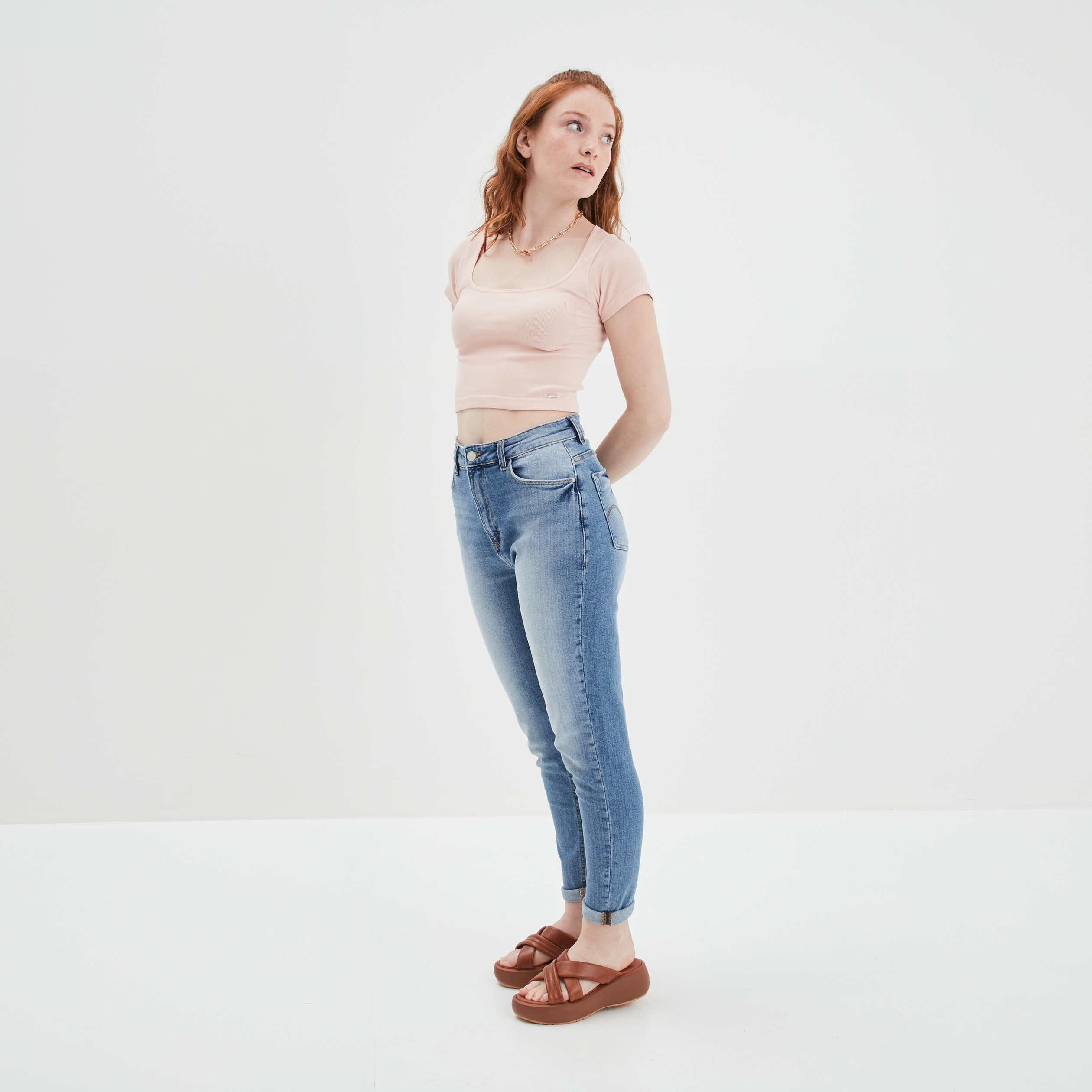 T-shirt cropped encolure carrée Creeks rose poudrée femme | La Halle