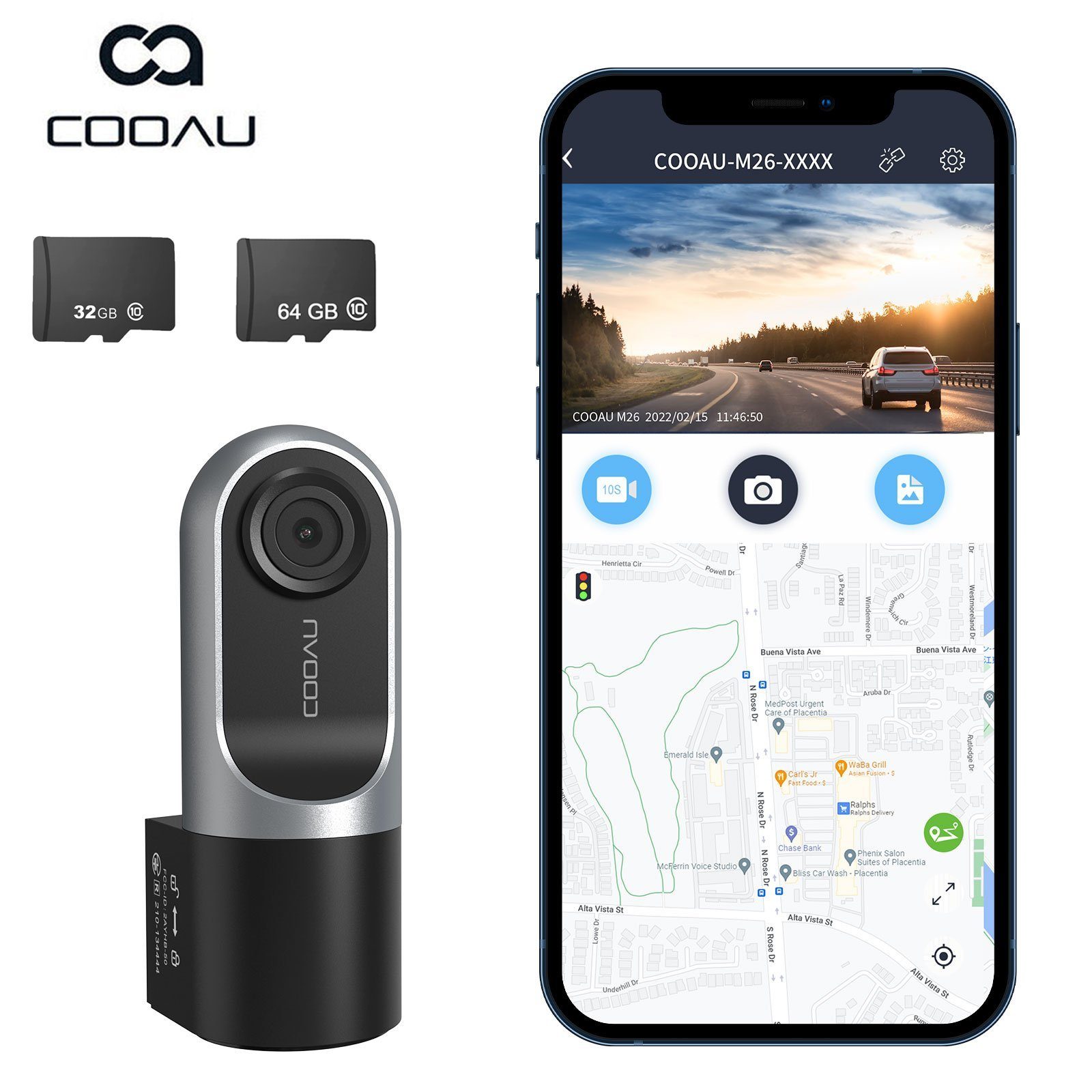 COOAU 1080P WiFi GPS Dual Dashcam Auto mit Infrarot-Nachtsicht & 2 SD Karte Dashcam (FHD, WLAN (Wi-Fi), Mini-Auto-Front-Center-Kamera-Recorder mit Superkondensator,G-Sensor, WDR, Loop-Aufnahme, Parkmonitor,150° Weitwinkel,App-Steuerung)