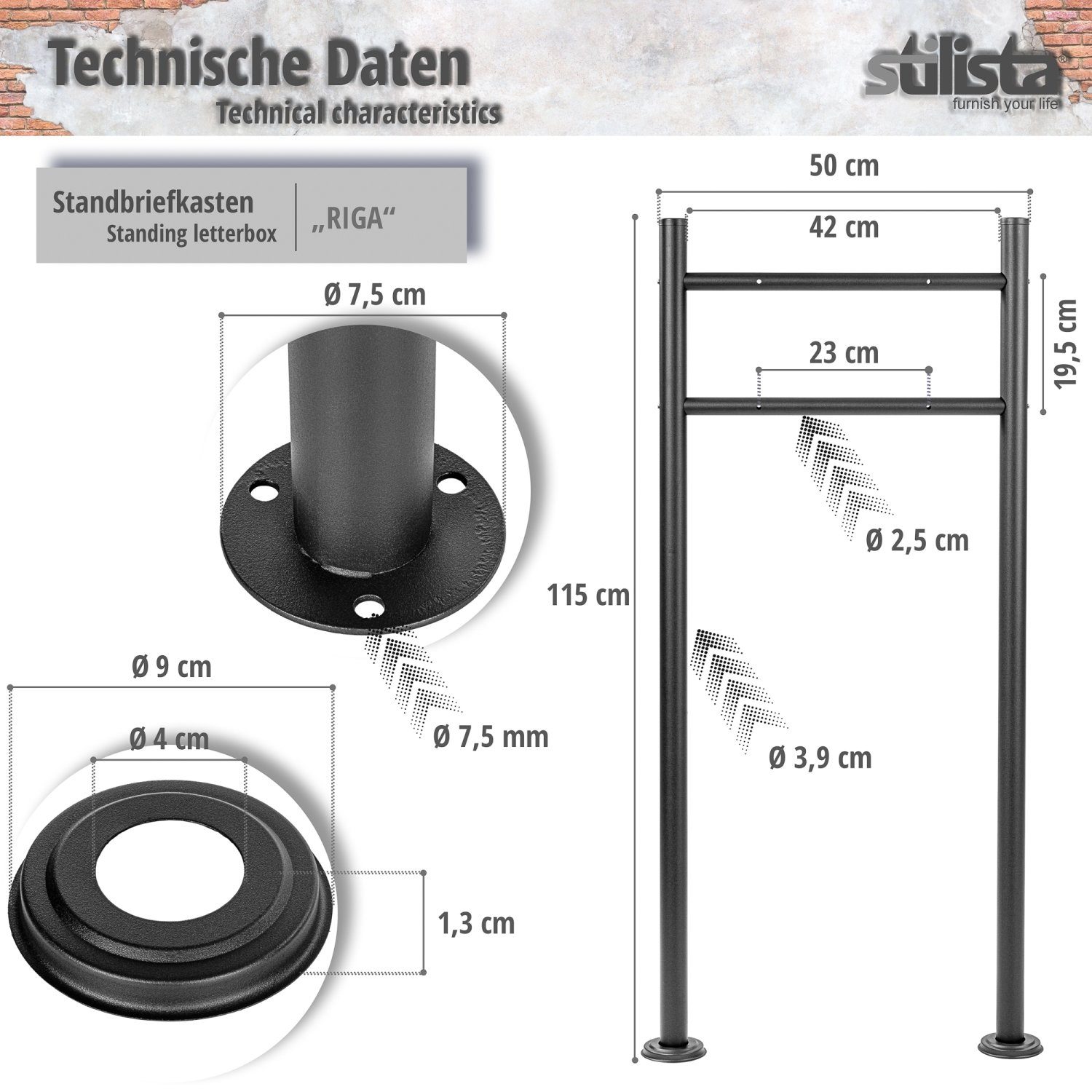 STILISTA Standbriefkasten Briefkasten Postkasten mit Zeitungsfach (Set), inkl. Standfuß, pulverbeschichtetes Metall, Farb- und Modellwahl