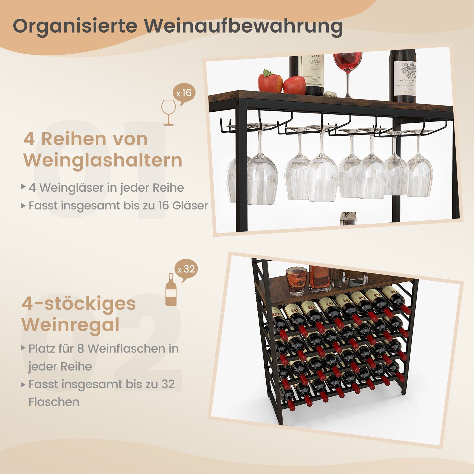 COSTWAY Weinregal, stehend, Metall, für 32 Weinflaschen&16 Gläser, 80x30x140cm