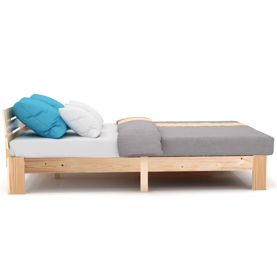 OKWISH Holzbett Doppelbett (mit Kopfteil aus Bettgestell mit Lattenrost, Massivholz FSC Massiv Doppelbett als Kieferbett verwendbar), 140x200 cm