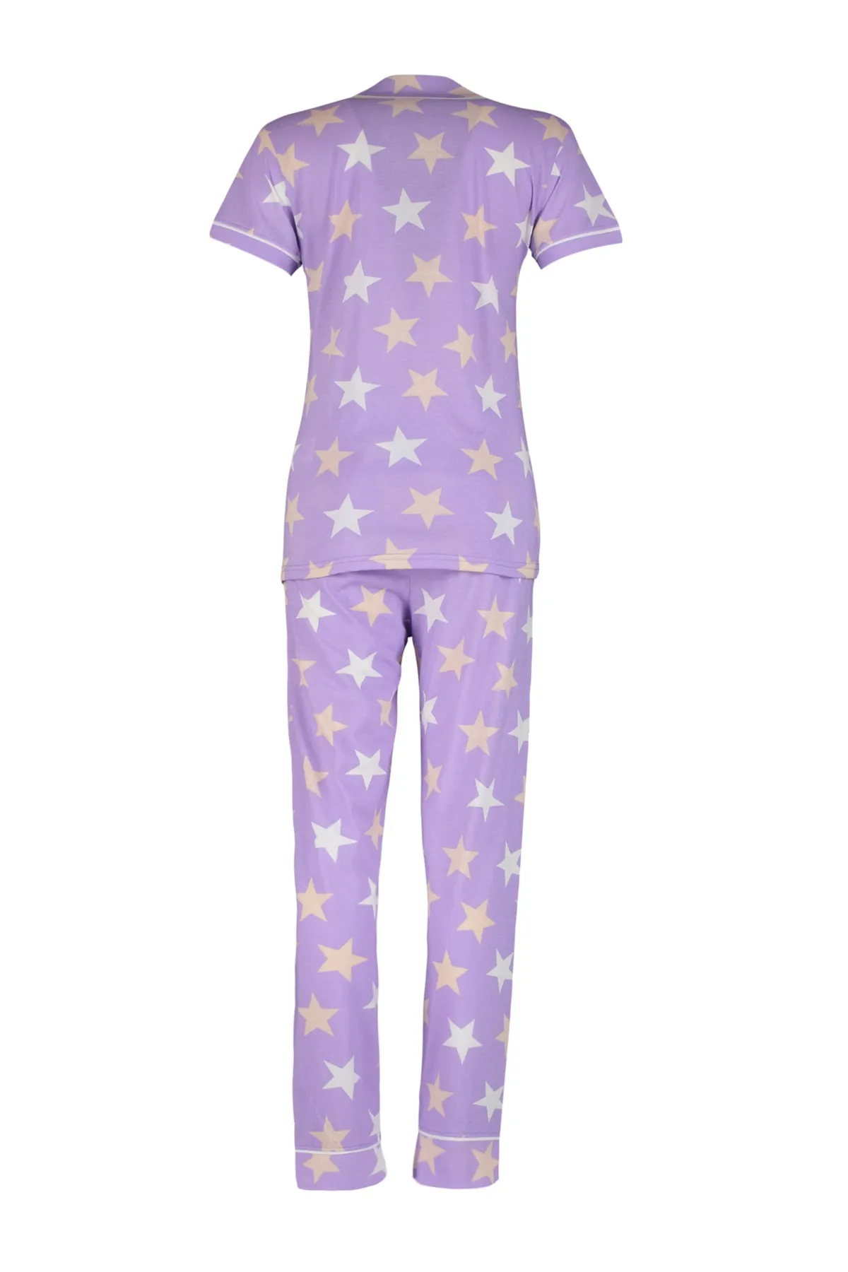 Trendyol Collection  Gestricktes Pyjama-Set aus Hemd und Hose aus fliederfarbener Baumwolle mit Sternenmuster THMSS21PT0786