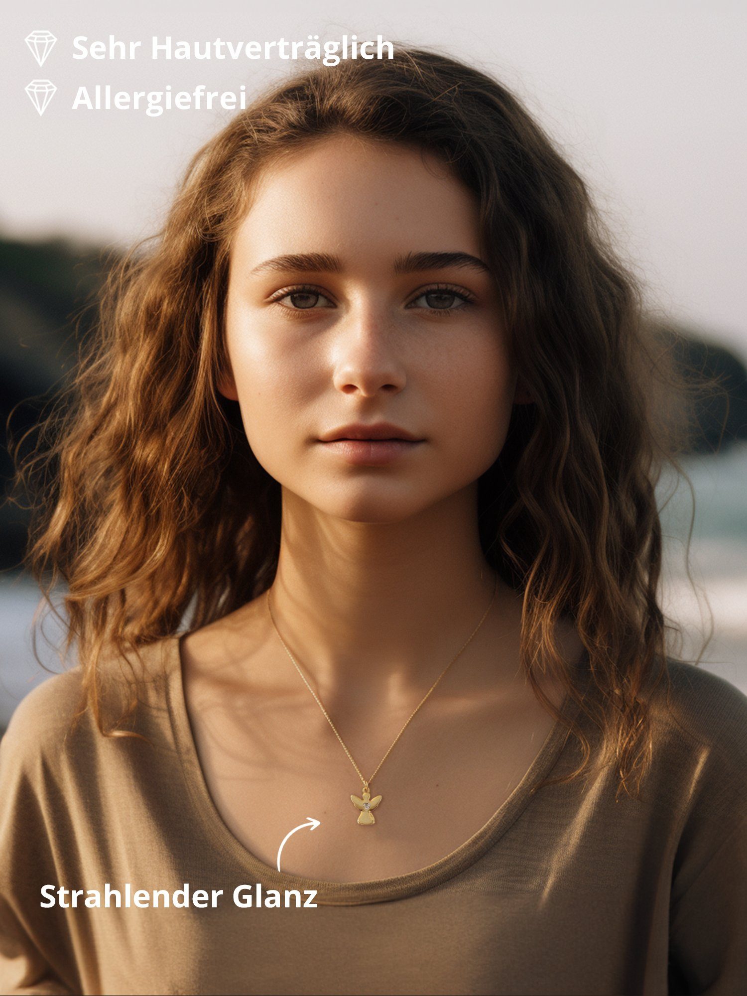 VIASOUL Kette mit Anhänger Engel Halskette mit Herz, Schutzengel Kette für Mädchen Kinder-Schmuck, stahlender Glanz