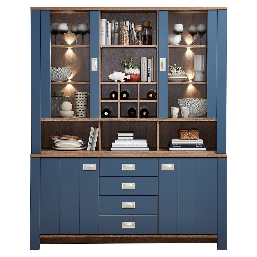 Lomadox Buffet DEVON-36 Landhaus in blau mit Details in Eiche Nb., inkl. LED Beleuchtung
