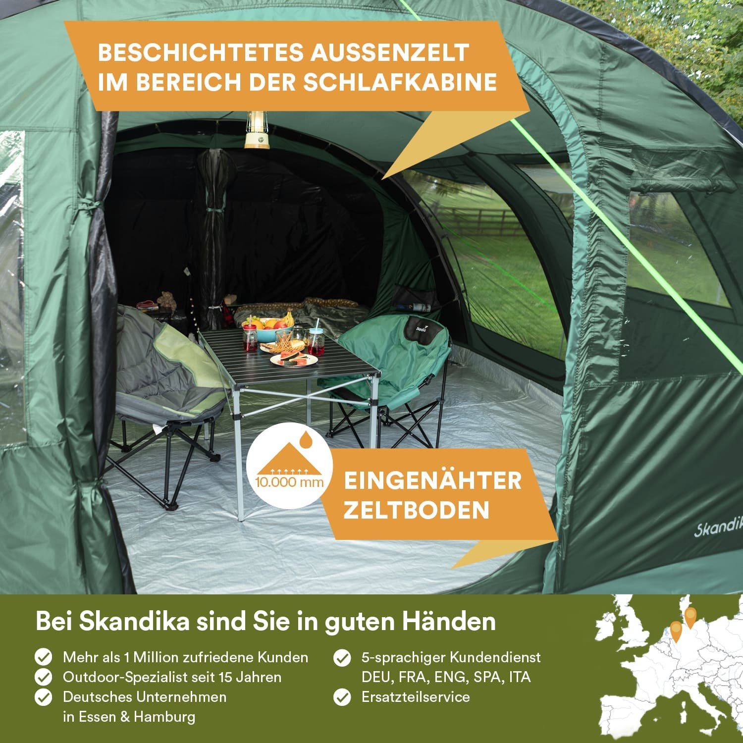 Skandika Tunnelzelt Gotland 6 Sleeper Protect (grün), Familienzelt mit eingenähtem Zeltboden, 5000 mm Wassersäule