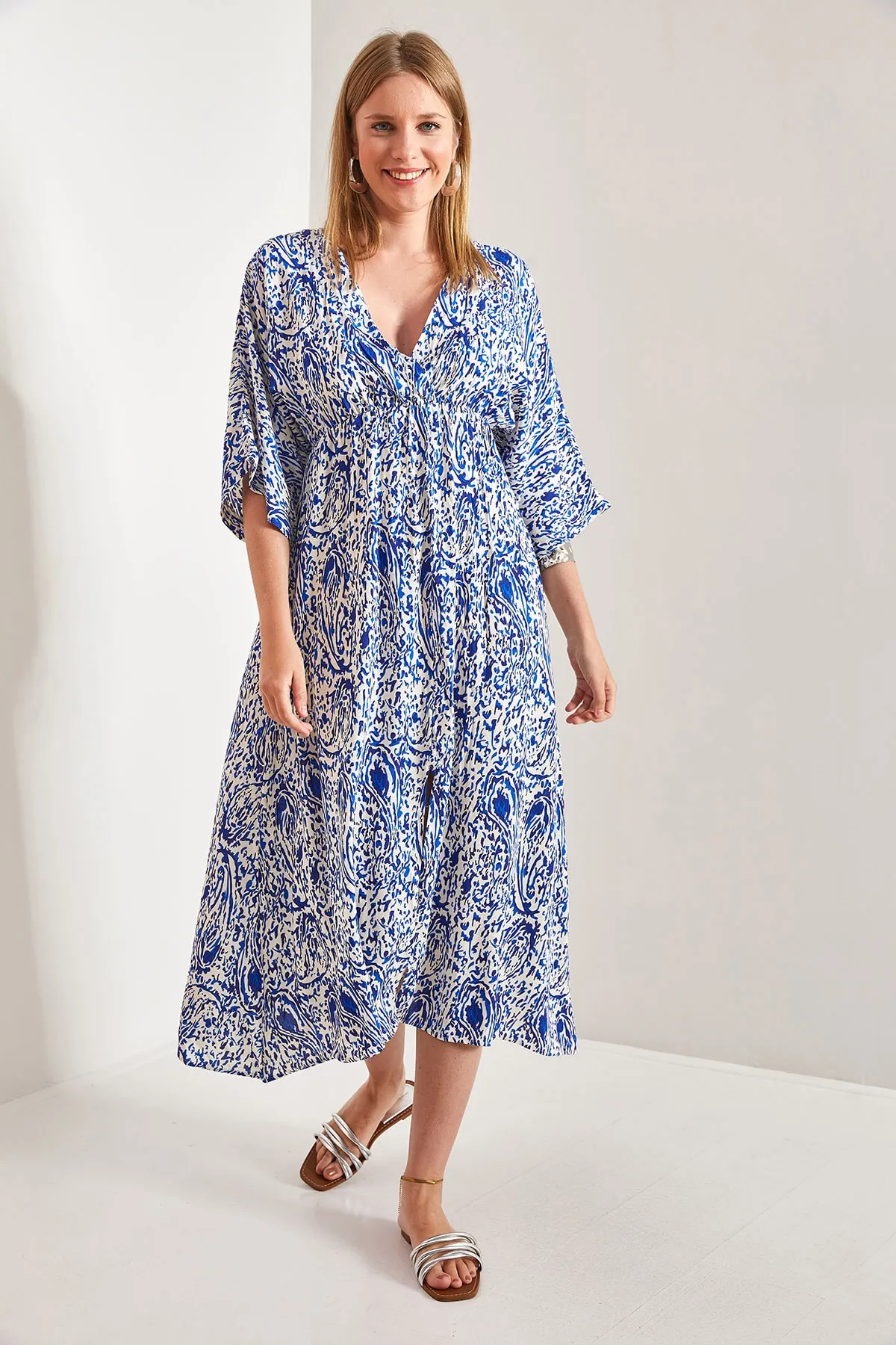 Bianco Lucci  Mehrfarbig gemustertes, zweireihiges, ausgestelltes Kleid mit Kragen für Damen