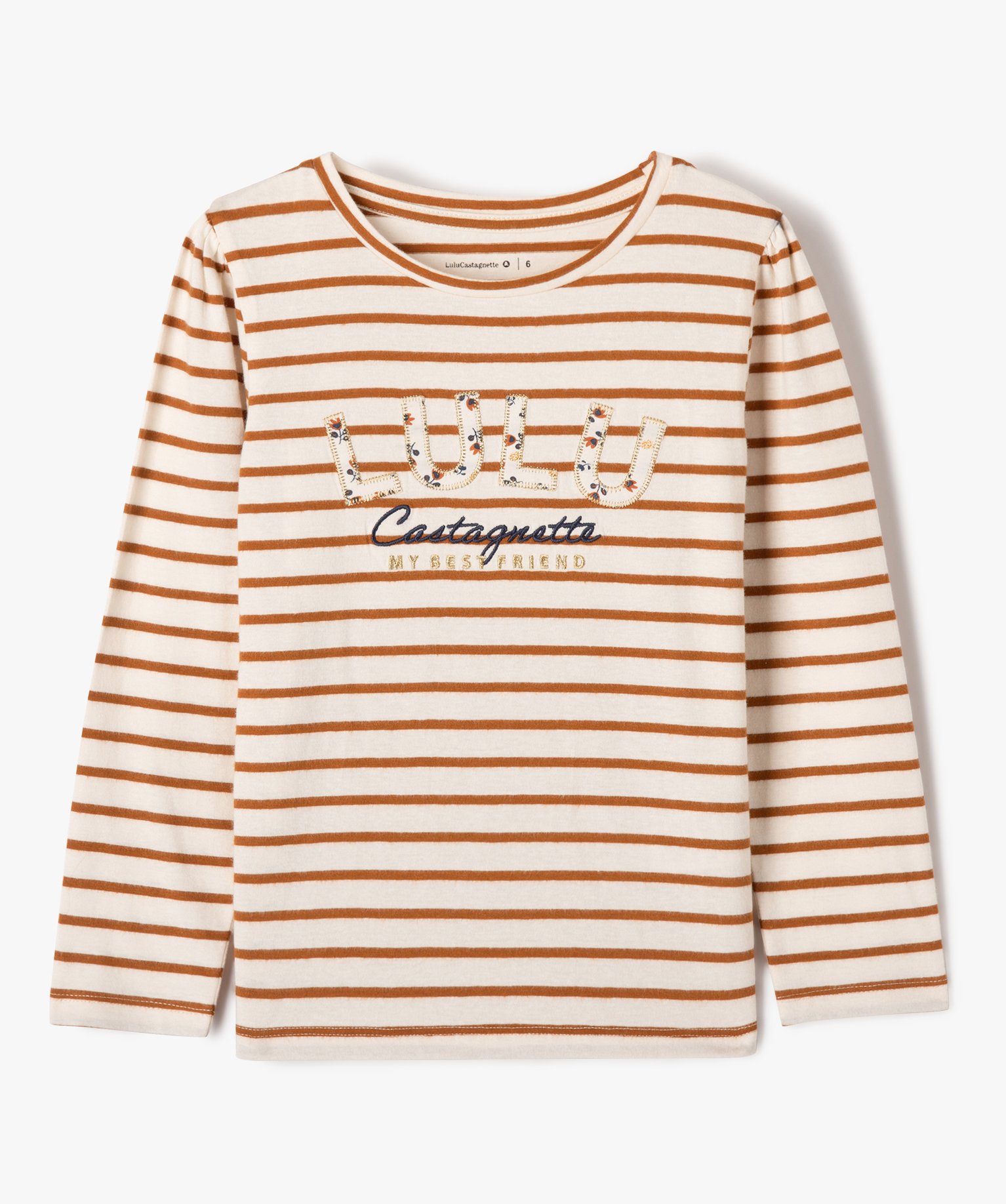 Tee-shirt manches longues rayé et brodé fille - LuluCastag... ecru | GEMO
