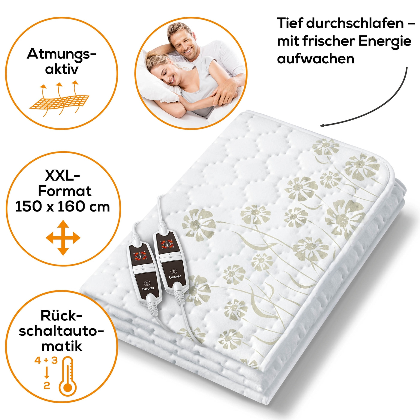 Beurer Doppel-Wärmeunterbetten UB 68 XXL-Großes Wärmeunterbett mit 2 Schaltern & je 4 Temperaturstufen - 150 x 160 cm