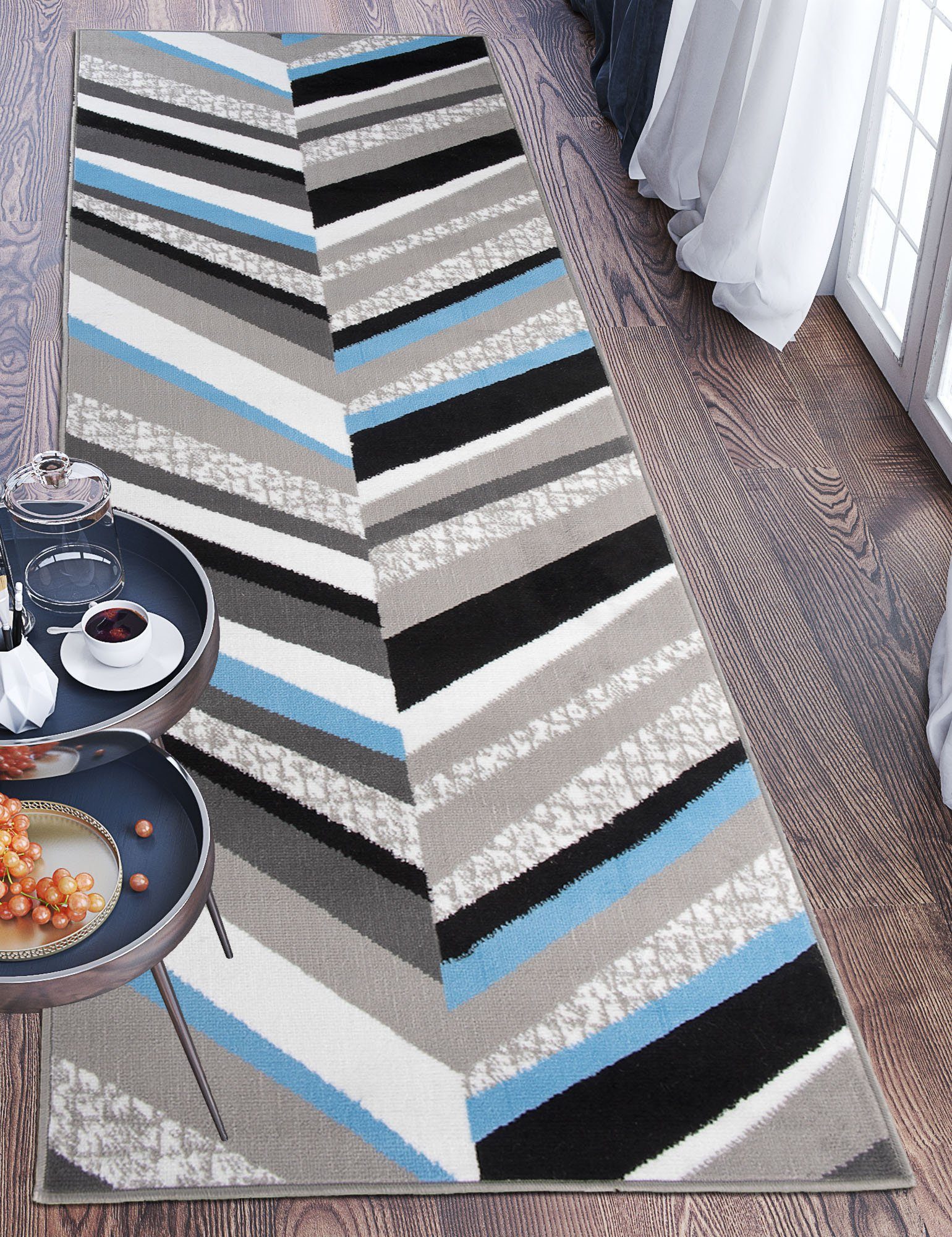 Läufer Läufer Flurläufer Modern für Vorzimmer 70 cm Breit Grau Blau, Mazovia, 70 x 100 cm, Kurzflor, Meterware, Höhe 8 mm, Kurzflor - niedrige Florhöhe