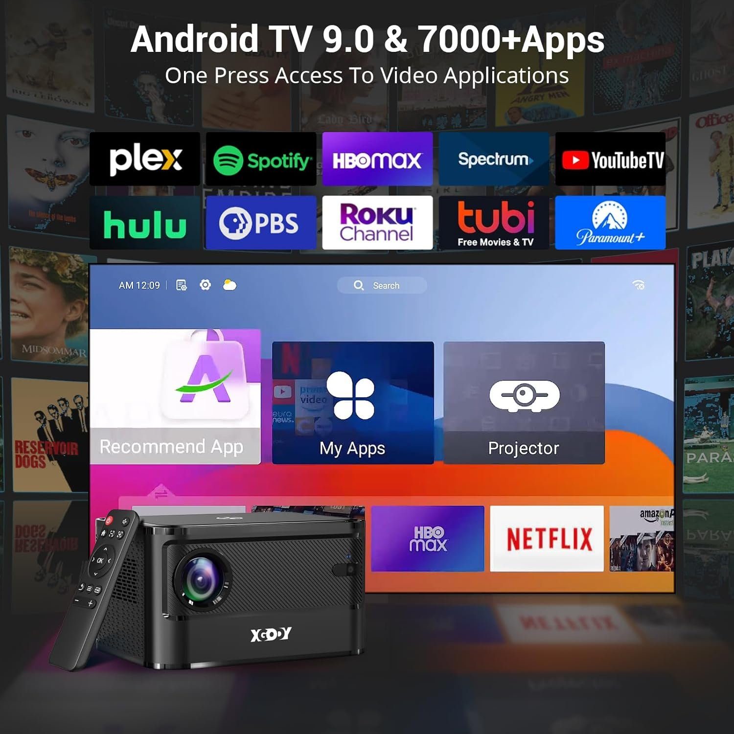 XGODY Portabler Projektor (9000 lm, 3000:1, 1920 x 1080 px, Projektor mit WLAN und Bluetooth 1080P Unterstützung HD Mini Heimkino)