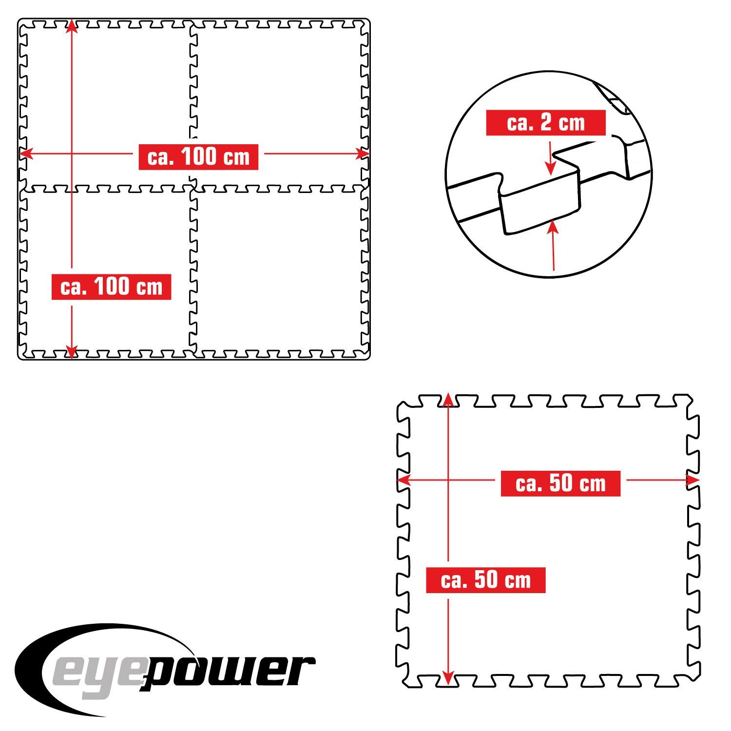 eyepower Fitnessmatte 2 cm Dick: 1m² Bodenschutz Fitnessmatte 50 x 50 cm, 4 Sportmatten Optische Mängel