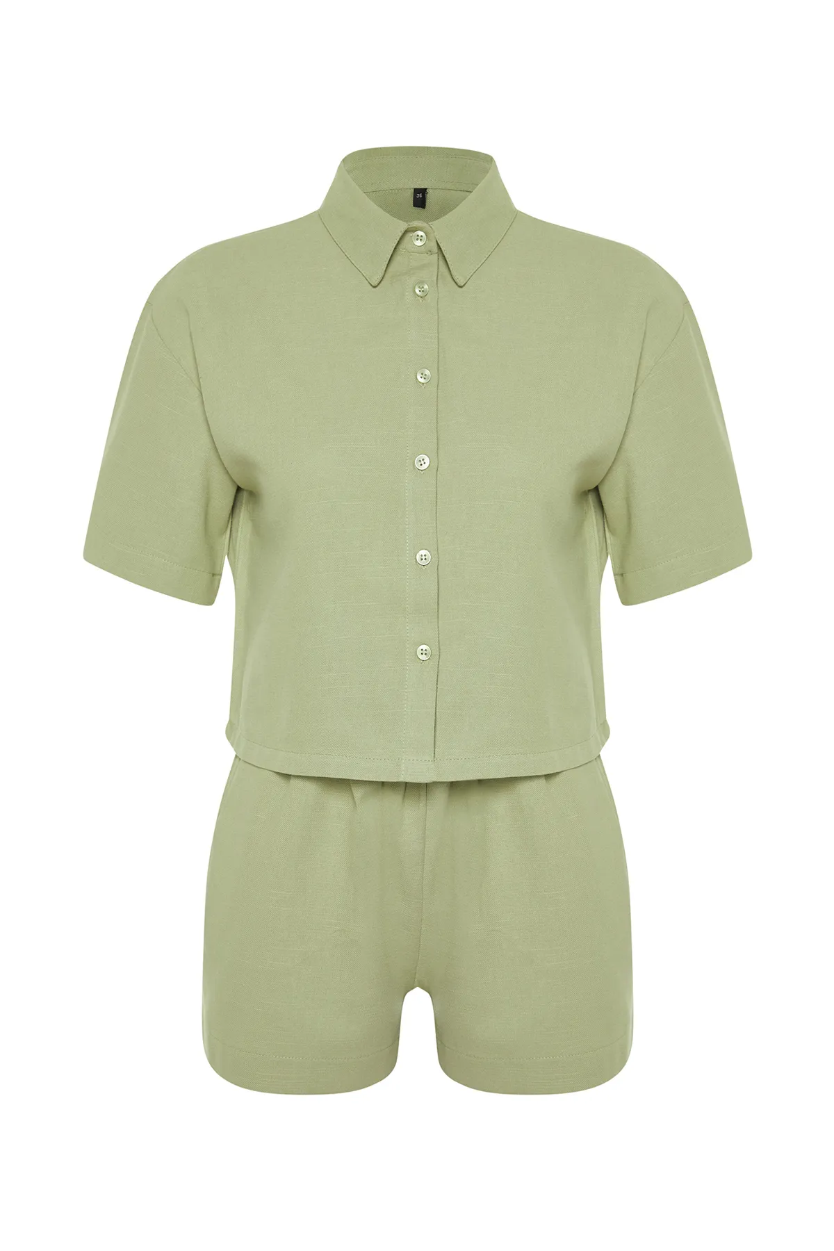 Trendyol Collection  Grünes Hemd-Shorts-Set in gewebter Leinenoptik TBESS24AU00054
