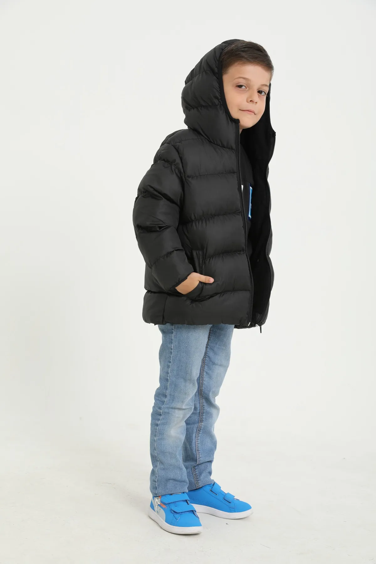 freemen  Schwarzer, wasserdichter, windabweisender Puffer-Wintermantel aus Fleece mit Fellkapuze für Jungen
