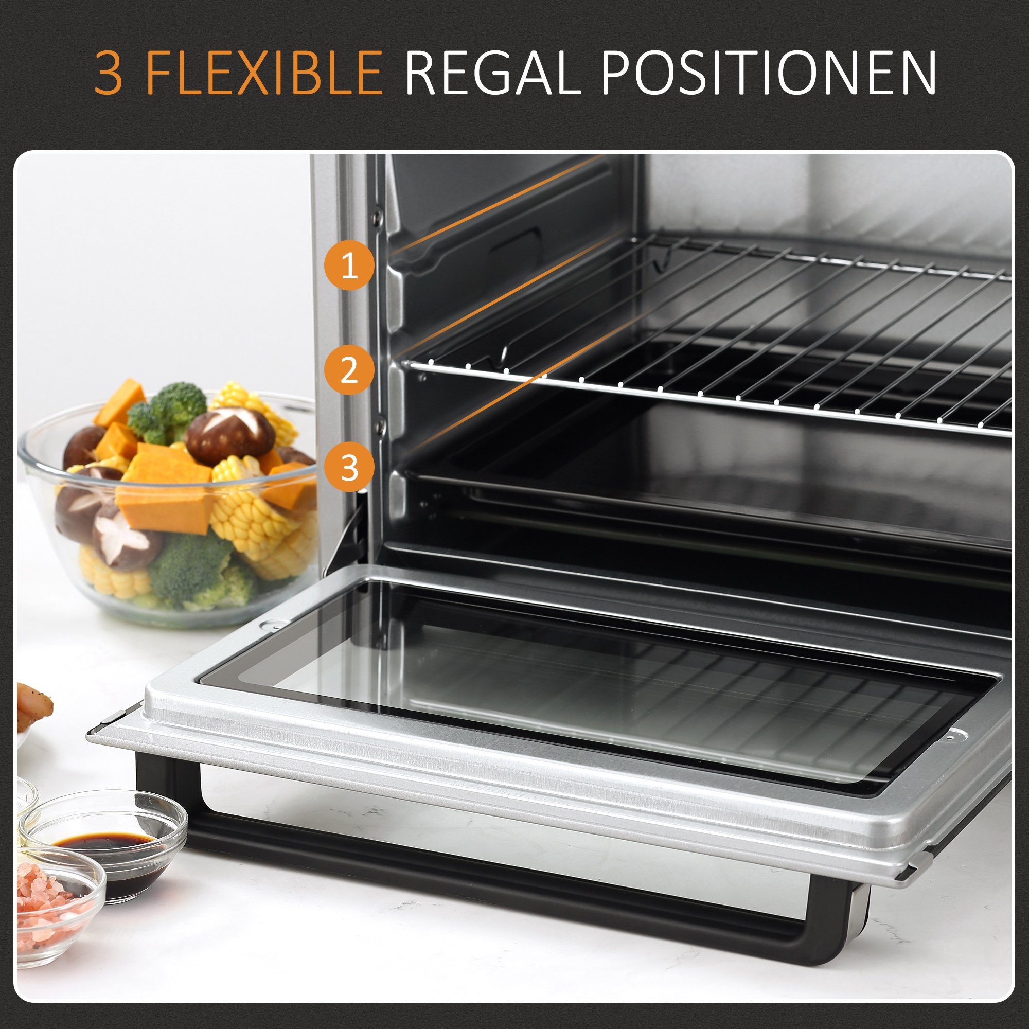 HOMCOM Minibackofen Minibackofen, 32L Elektrischer Mini Ofen Drei Stufen Silber