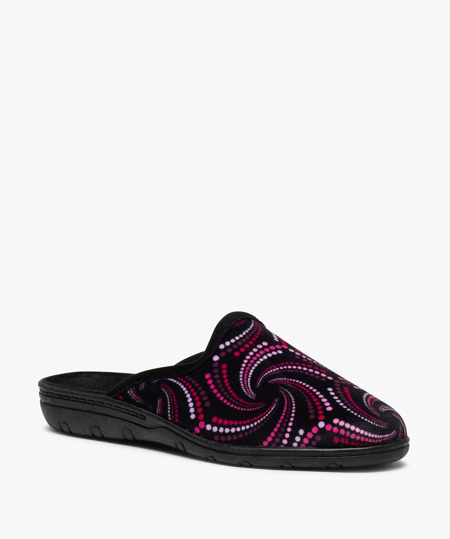 Pantoufles femme mules confort en velours ras imprimé violet | GEMO
