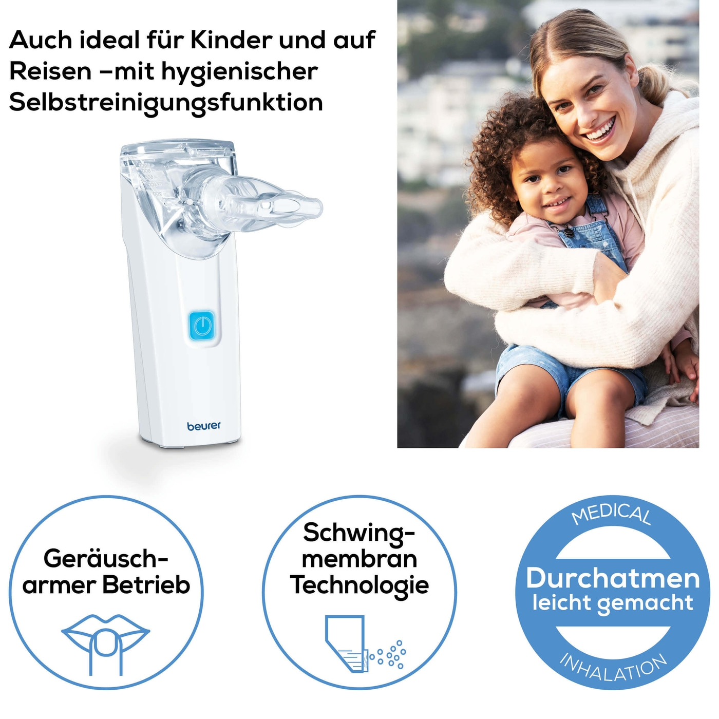 Beurer Inhalator IH 55-Handlicher Inhalator mit Schwingmembran-Technologie & Selbstreinigungsfunktion