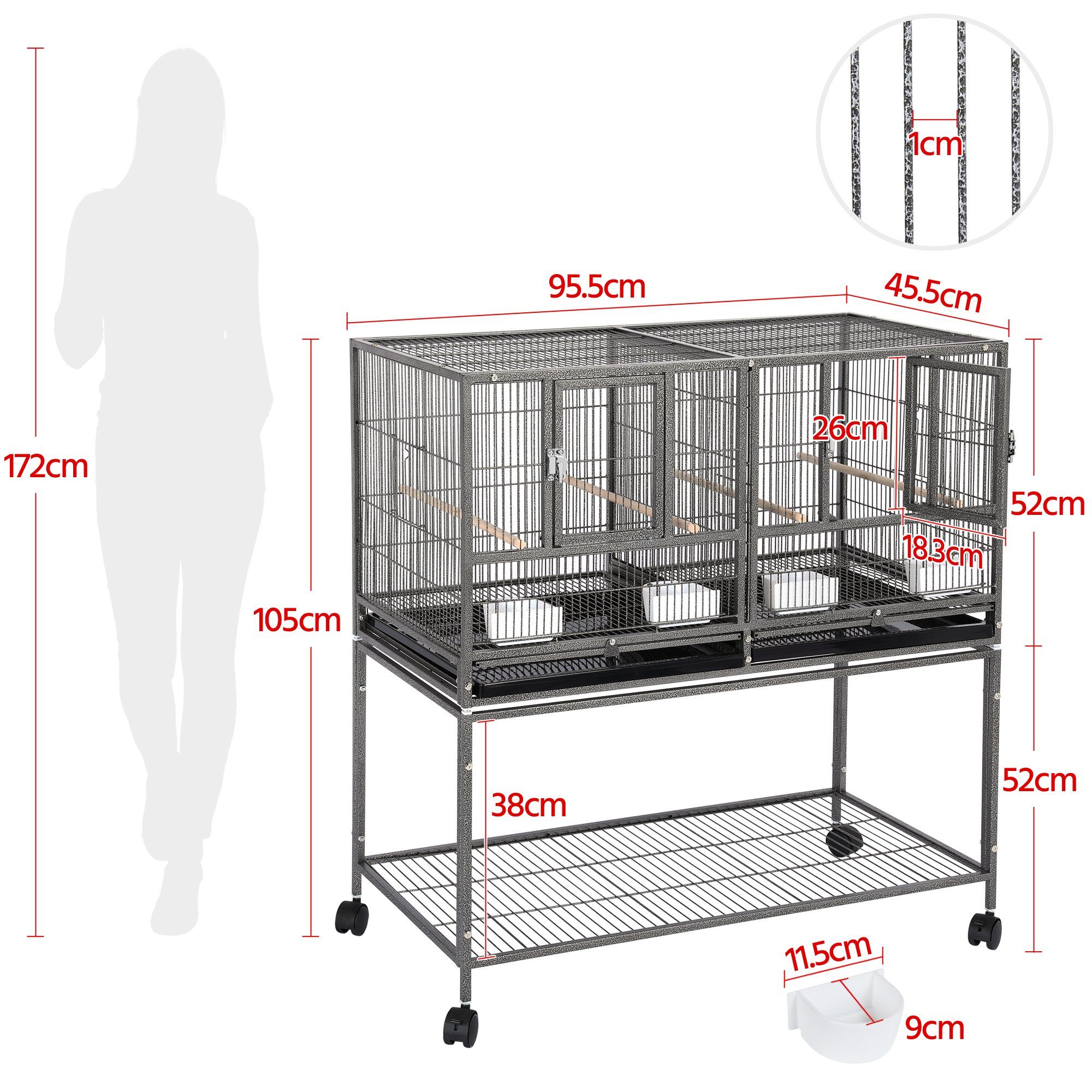 Yaheetech Vogelkäfig Zuchtkäfig, Doppelkäfig mit Rollständer&Trennwand