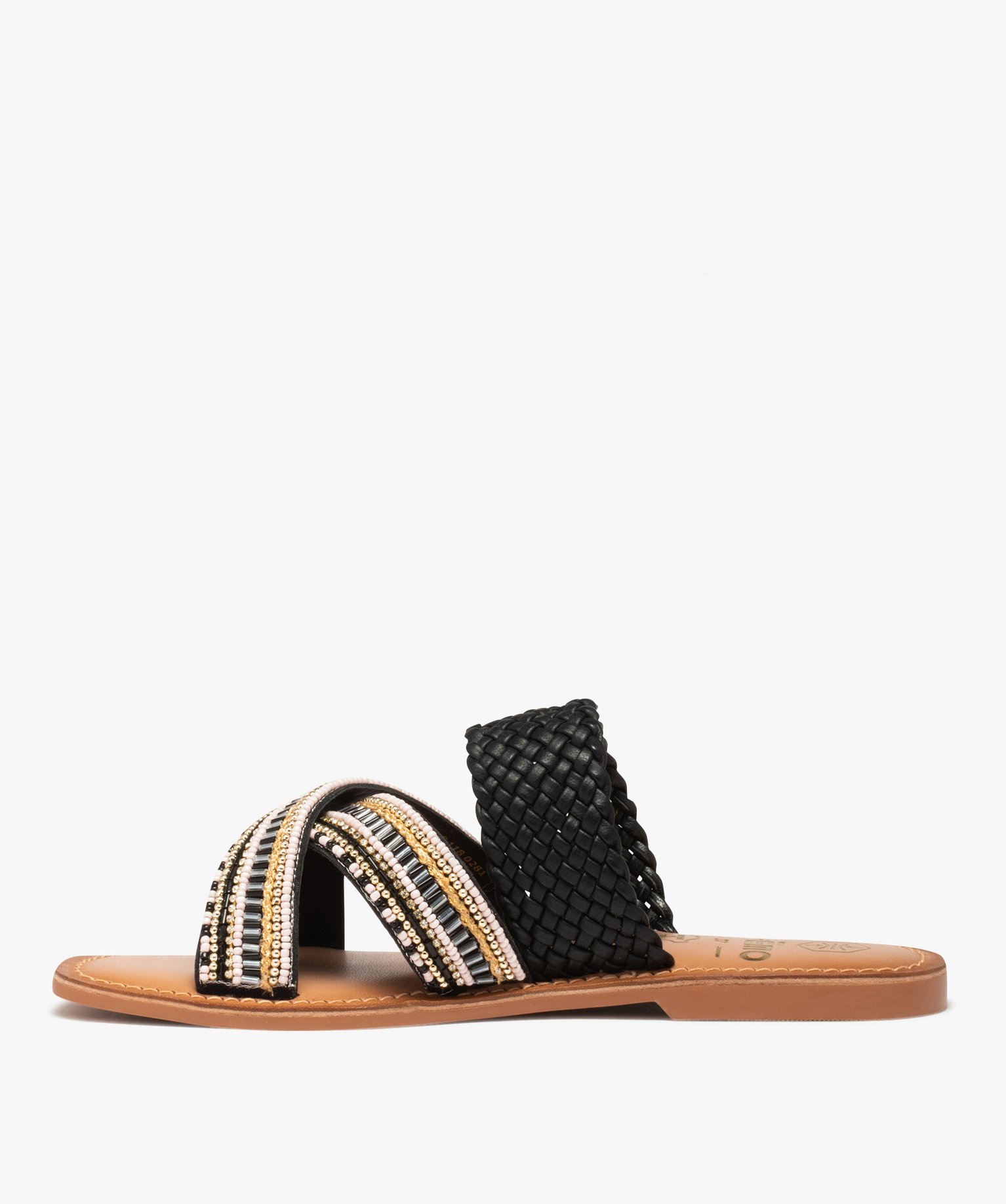 Mules femme à talon plat et brides perlées noir | GEMO