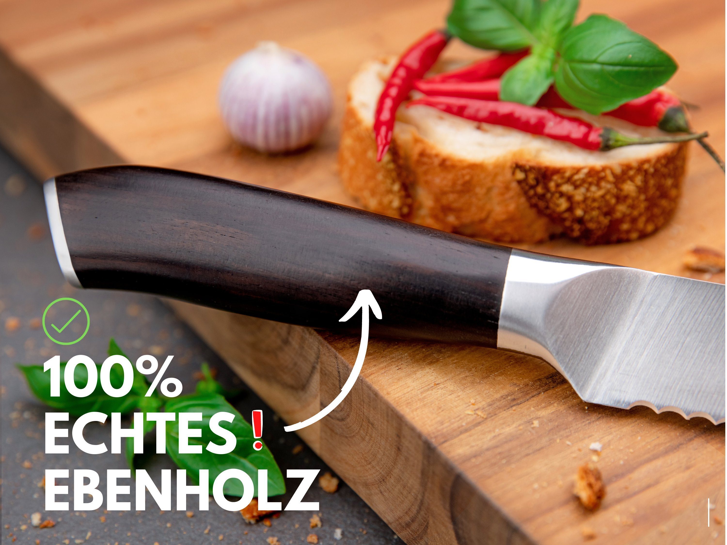 Hannah's Homebrand Brotmesser Brotmesser mit flachem Wellenschliff aus Ebenholz, Brotmesser mit verblüffend leichtem Schnitt