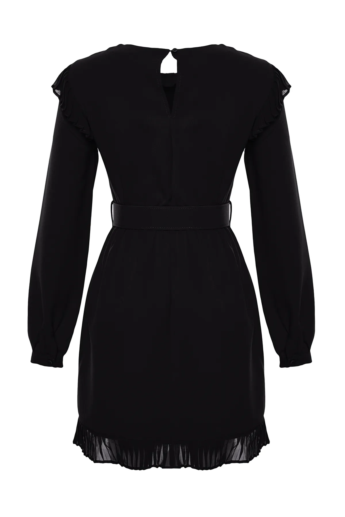 Trendyol Collection  Schwarzes, gewebtes Kleid mit Rüschen und Gürtel TWOAW24EL00588