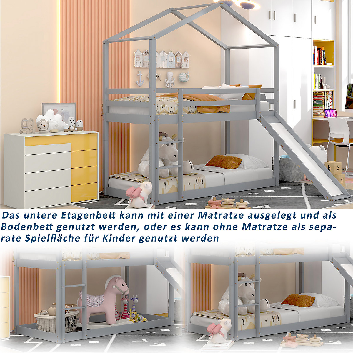 Etagenbett 90x200cm mit Rutsche und Leiter inkl. 2 Liegeflächen, Hochbett Hausbett