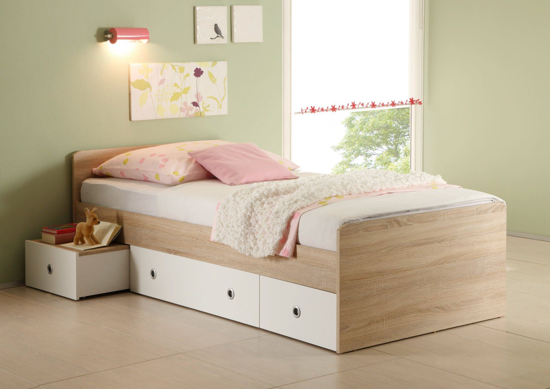 möbelando Jugendzimmer-Set Floris, (4-St), Modernes Jugendzimmer aus Spanplatte in Sonoma-Eiche Nachbildung, Absetzungen in Weiß bestehend aus 1 Schreibtisch, 1 Jugendbett, 1 Regal und 1 Kleiderschrank. Individuelle Stellmöglichkeit