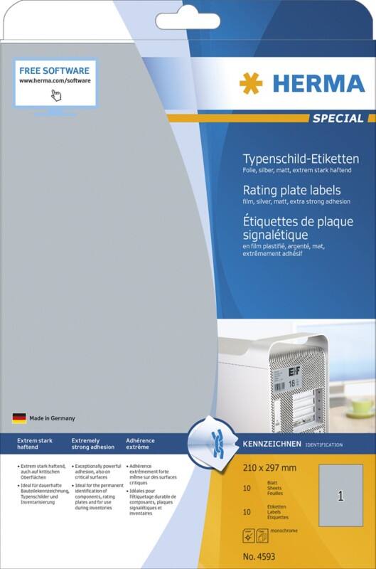 HERMA Typenschild-Etiketten 4593 Silber Rechteckig DIN A4 210 x 297 mm 10 Blatt à 1 Etikett