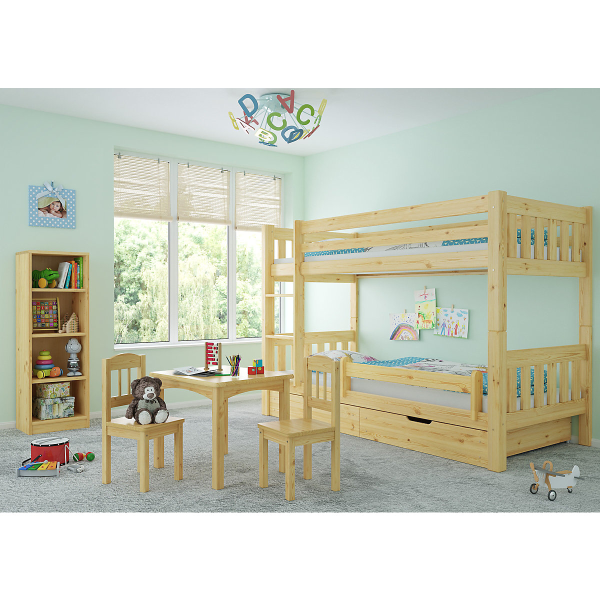 Etagenbett 90x200 Kiefer mit Rollrost, Matratzen und Bettkasten
