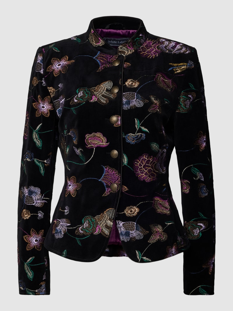 Blazer mit Stehkragen und floralem Stitching in schwarz