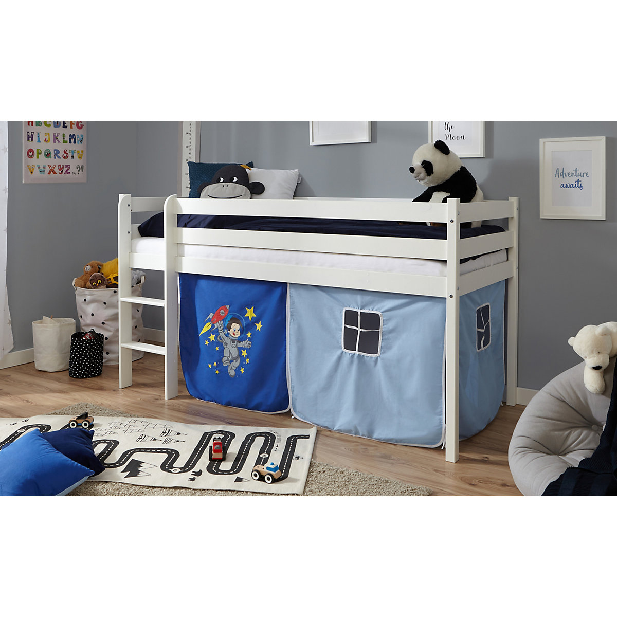Hochbett Kiefer Weiß Vorhang 