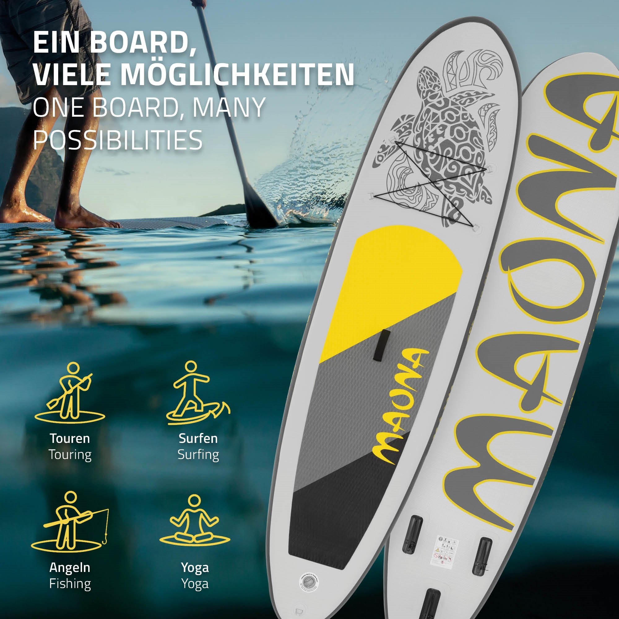 ECD Germany SUP-Board Aufblasbares Stand Up Paddle Board Maona Surfboard, Grau 308x76x10cm PVC bis 120kg Pumpe Tragetasche Zubehör