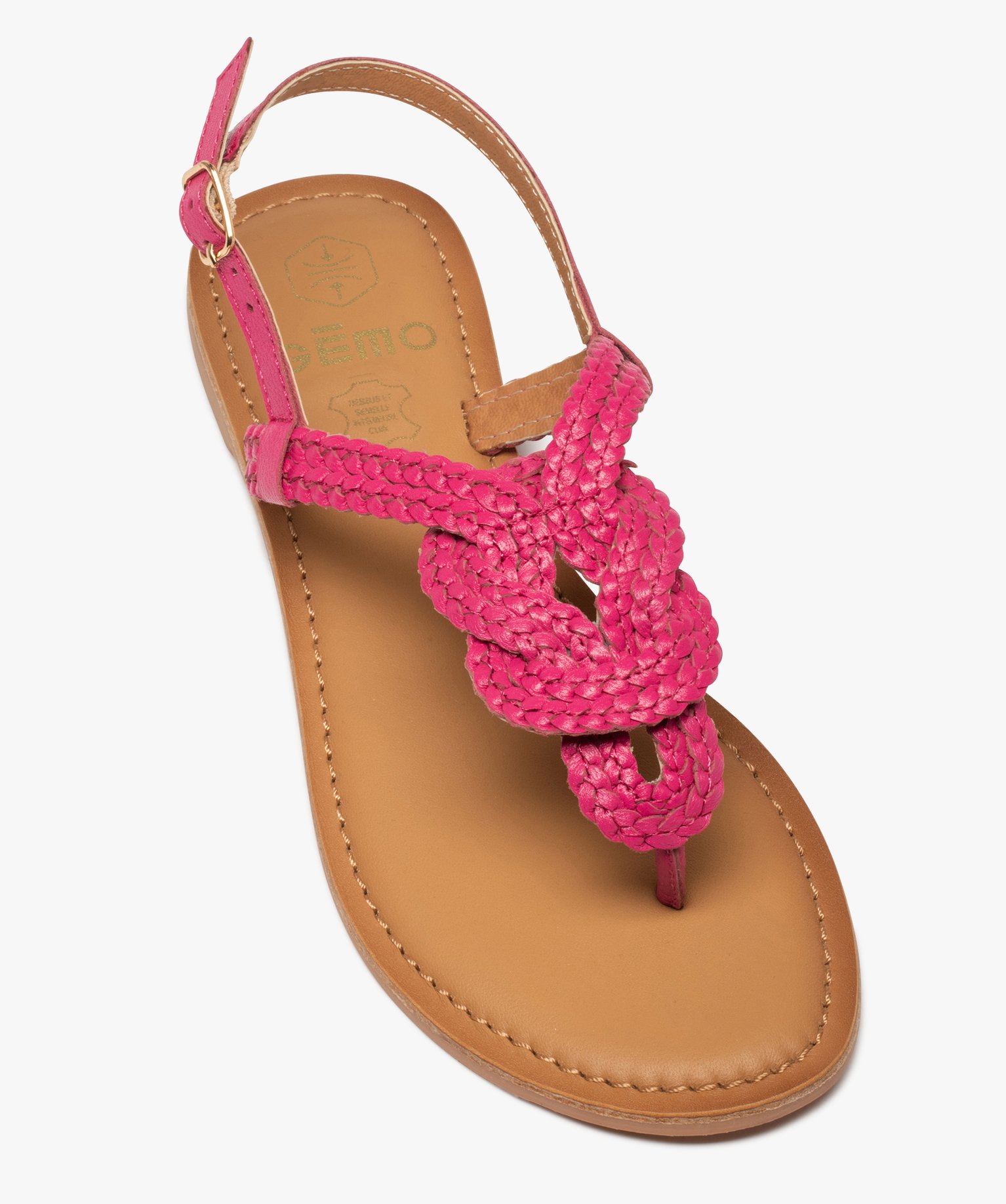 Sandales femme à talon plat et brides entre-doigts tressée... rose | GEMO