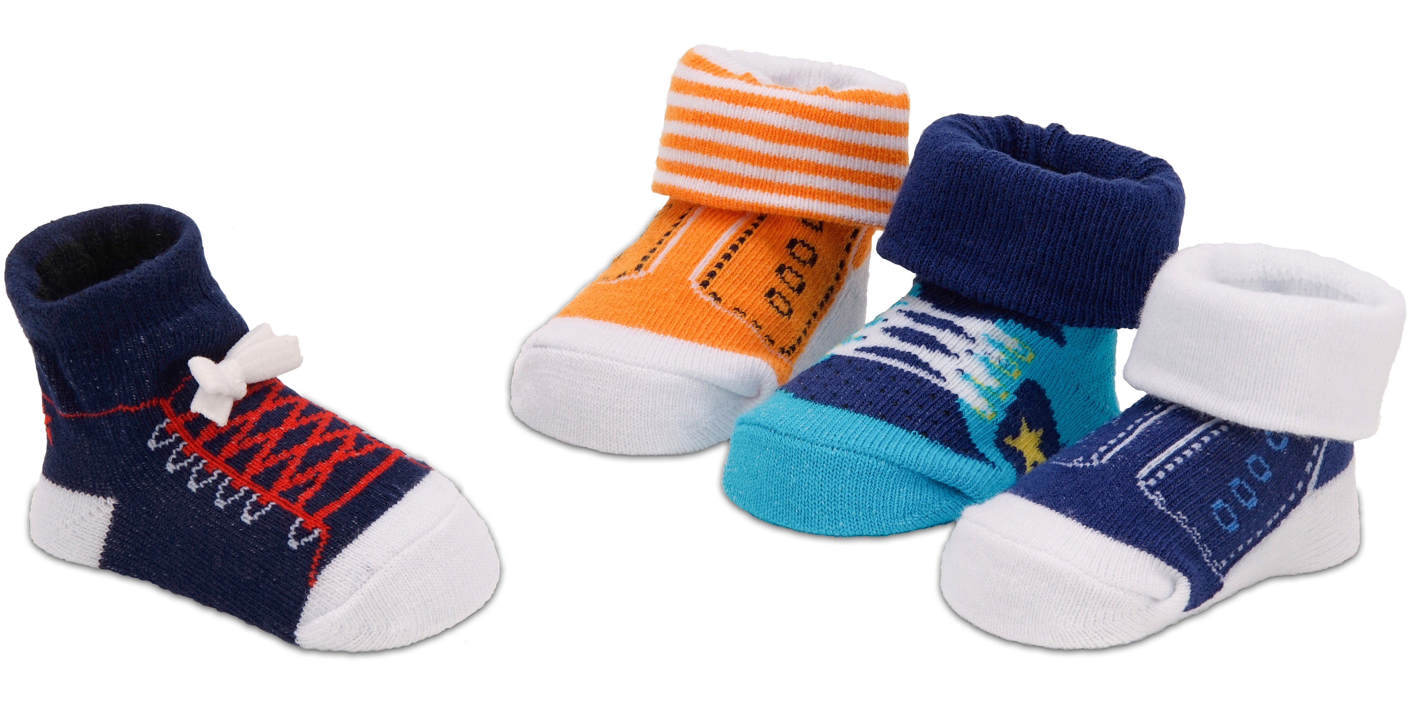 BRUBAKER Strümpfe Babysocken für Jungen und Mädchen 0-12 Monate (4-Paar, Baumwollsocken im Sneaker Style) Turnschuh Design, Baby Geschenkset für Neugeborene in Geschenkverpackung mit Schleife, Schuh Optik