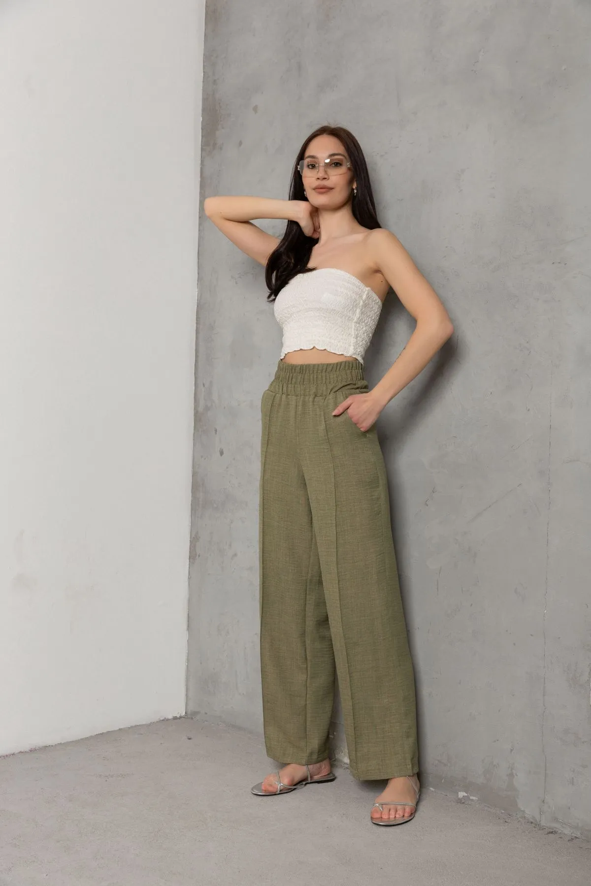 Domoda  Dekorative elastische Taille Weites Bein Doppeltasche Baumwolle Damenhose @Como