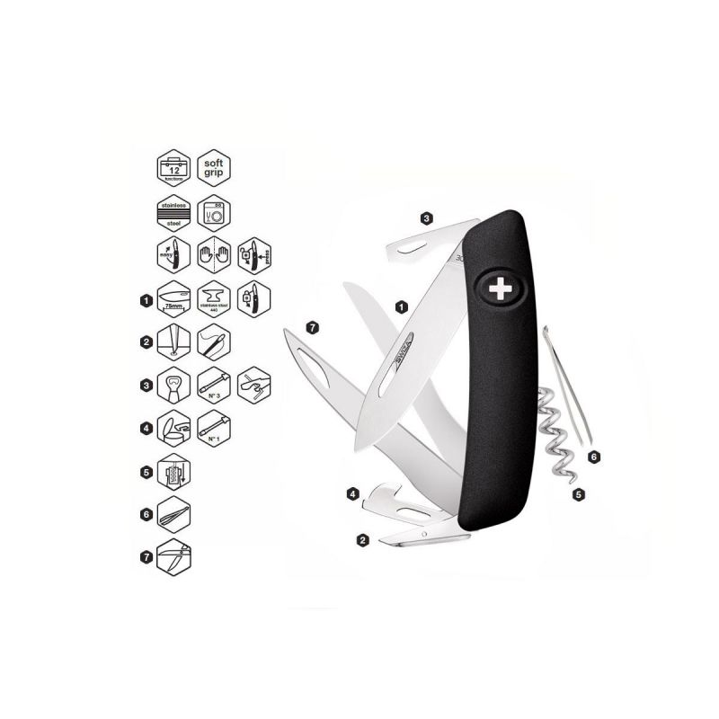Swiza D07 Black, Schweizer Taschenmesser mit Schere Made in Swiss
