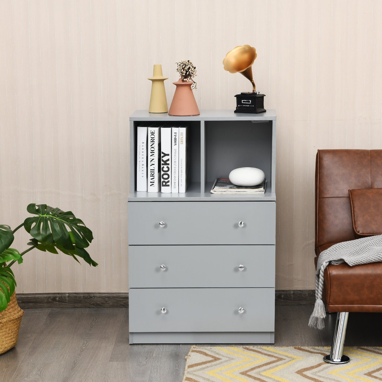 COSTWAY Kommode, mit 3 Schubladen & 2 Fächern, Holz, Kippschutz, 60x40x94cm
