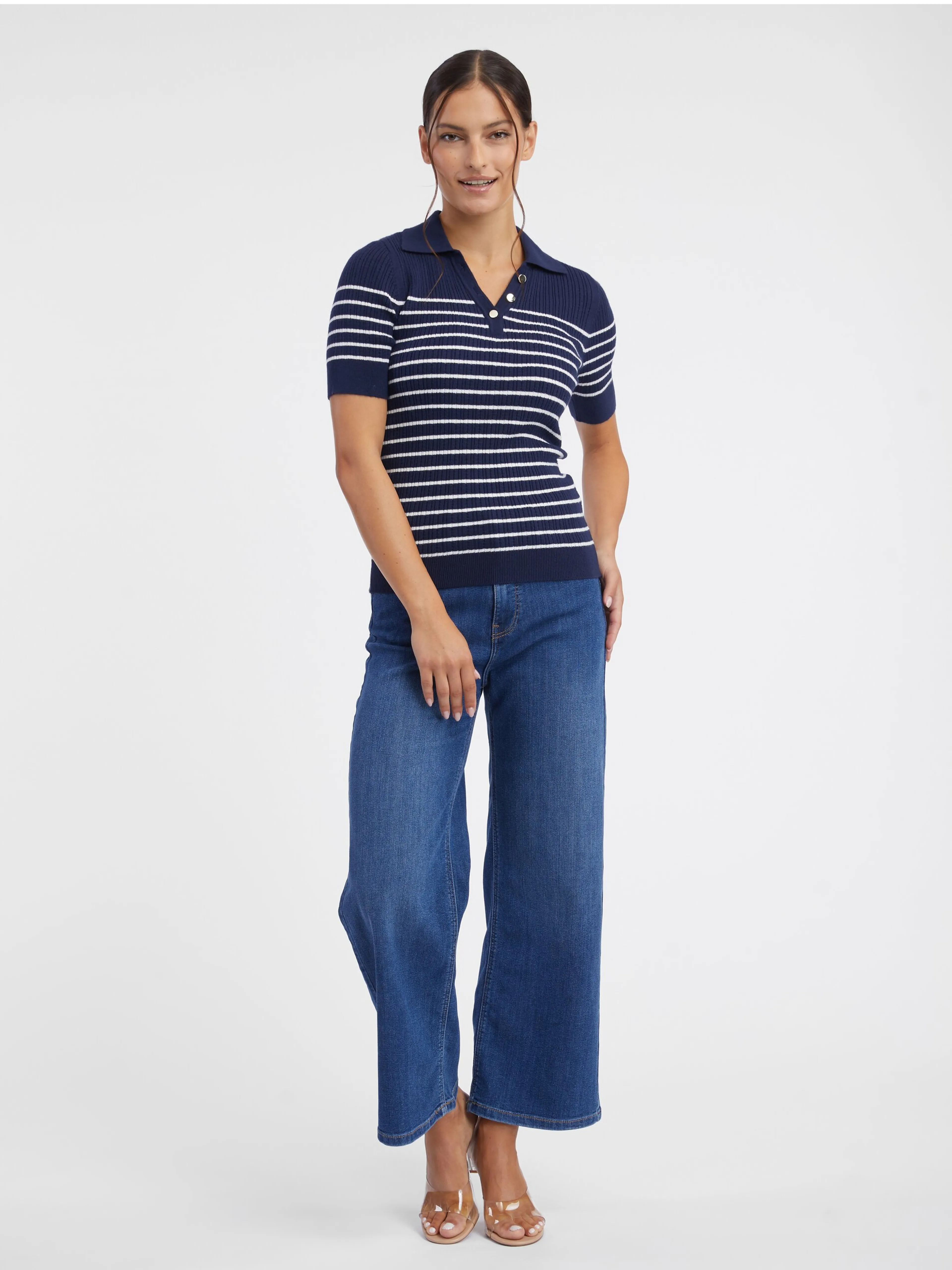 Dunkelblaues gestreiftes Damen-Strick-Poloshirt ORSAY
