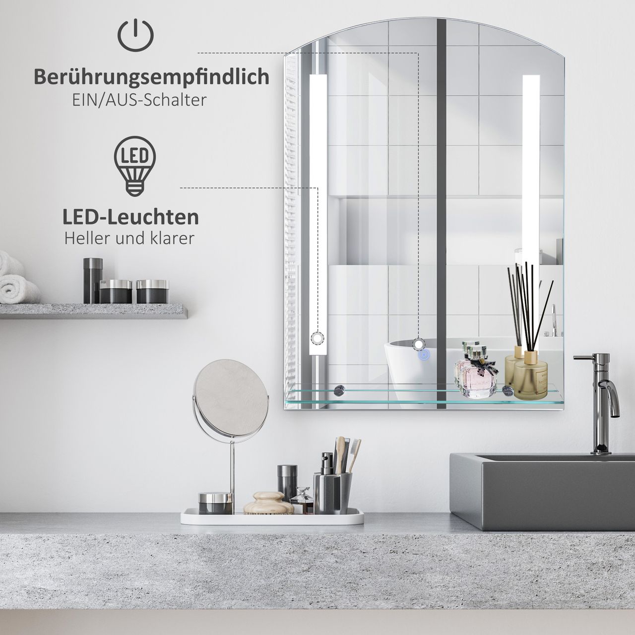 HOMCOM Badspiegel mit Ablage LED Lichtspiegel Badezimmerspiegel Wandspiegel 15W (Modell4) Wasserdicht 50 x 15,5 x 70 cm