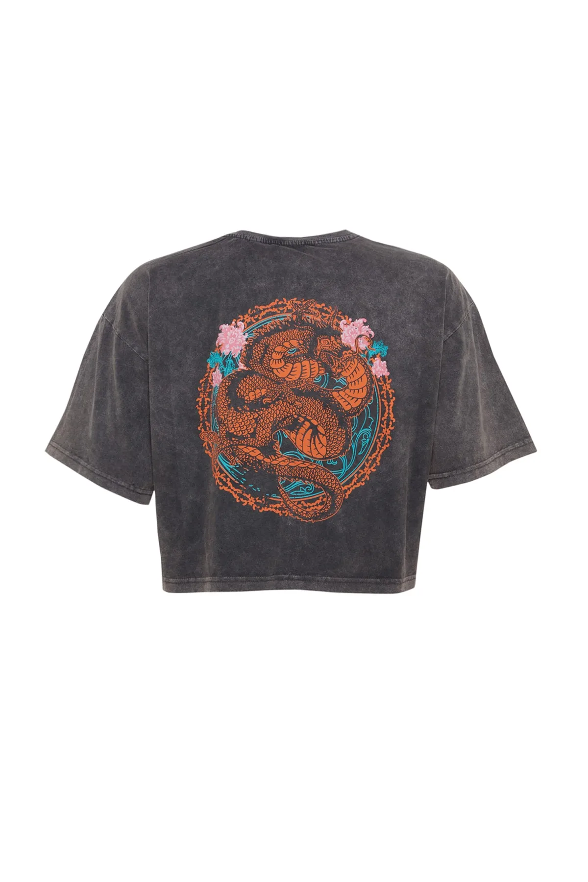 Trendyol Collection  Anthrazitfarbenes, kurz geschnittenes Strick-T-Shirt aus 100 % Baumwolle mit verblasstem Effekt auf der Rückseite und Rundhalsausschnitt TWOSS23TS00116