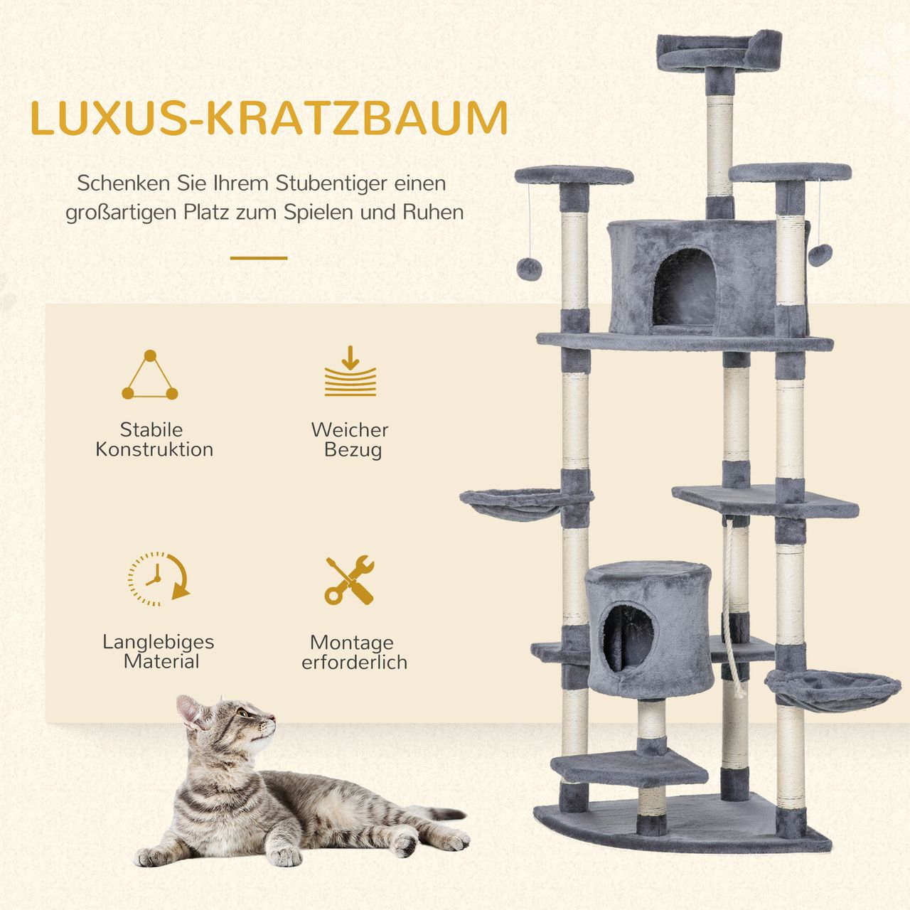 PawHut Katzenbaum Ecke Kratzbaum Spielbaum Katzenkratzbaum Katzen Kletterbaum Hellgrau 200 cm